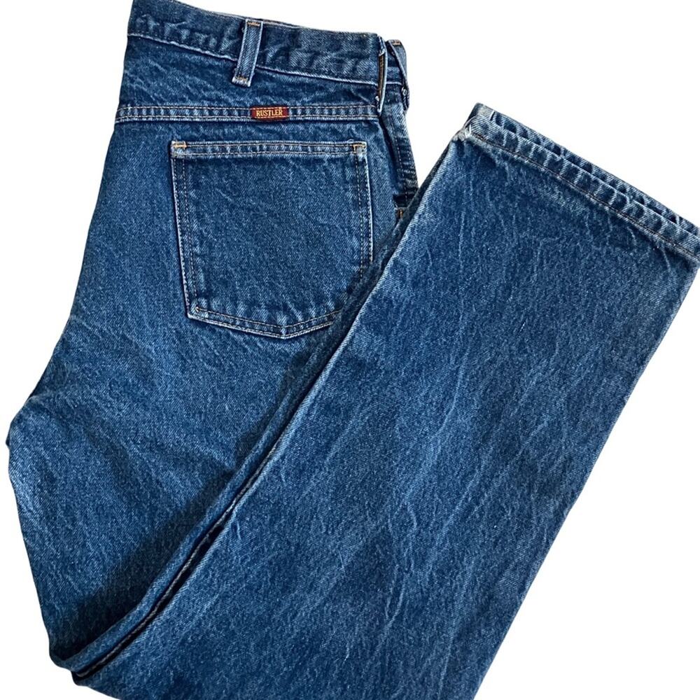 Rustler Blue Straight Jeans with Regular Fit and Contrast Stitching 34X30